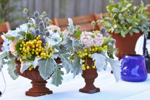 Flowers in rustic urns