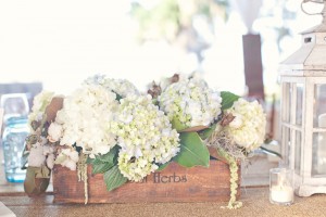 wooden box with hydrangea