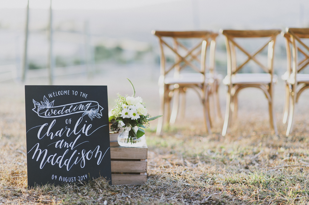 Wedding Ceremony Chair Hire by Lovestruck. Chalkboard art by Fox and Fallow.