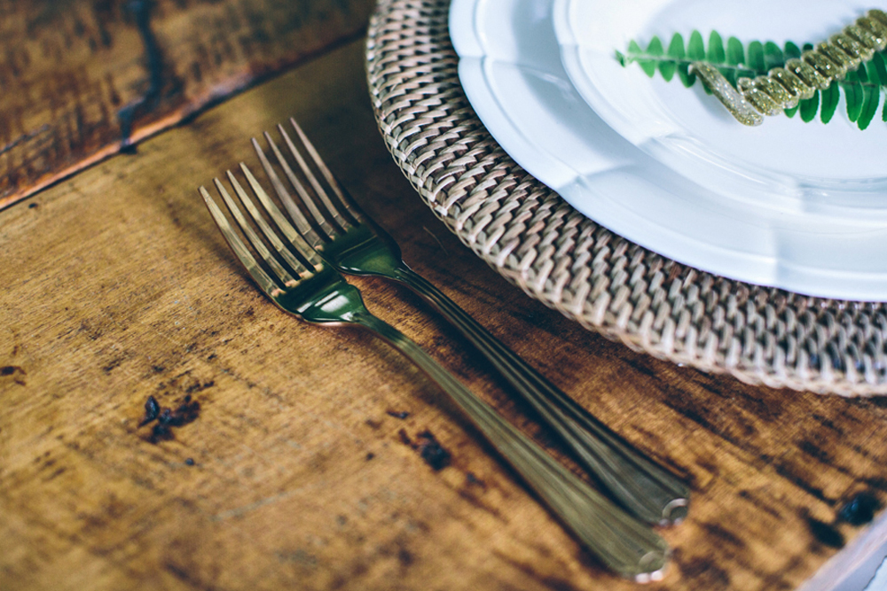 Rattan Charger Plates and Scalloped Plates by Lovestruck Weddings.  Gold Cutlery from Gold Wedding Hire.