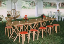 Orange Stool and Bamboo Table Hire by Lovestruck Weddings