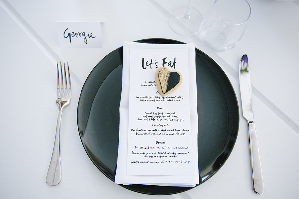 White Parquetry Tables and Black Plates by Lovestruck Weddings